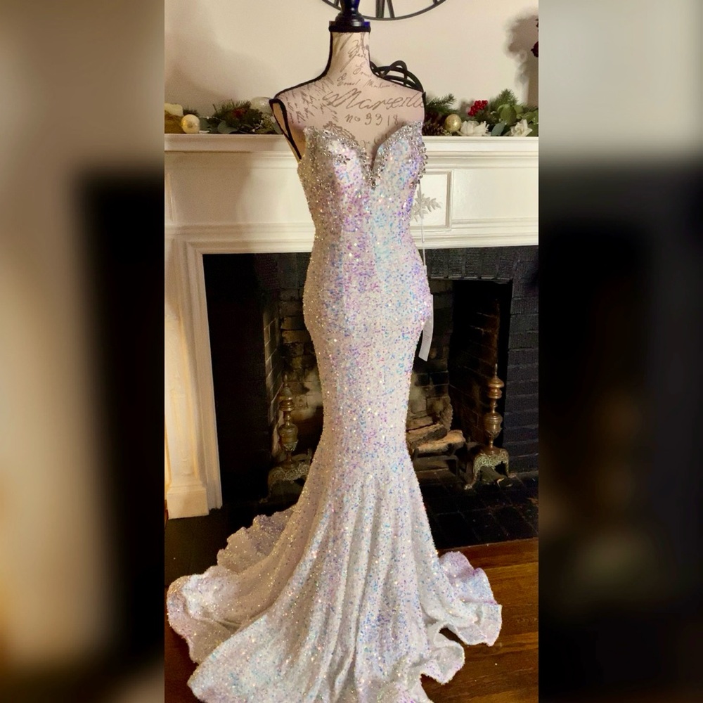 One of a kind iridescent white mermaid prom dress, formal dress or pageant gown